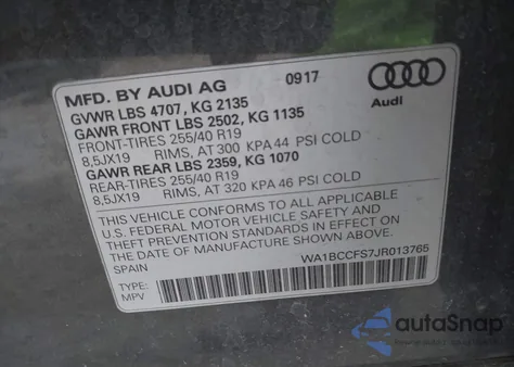 2018 Audi Q3 2.0T Premium/2.0T Sport Premium из США, поврежденный, VIN WA1BCCFS7JR013765